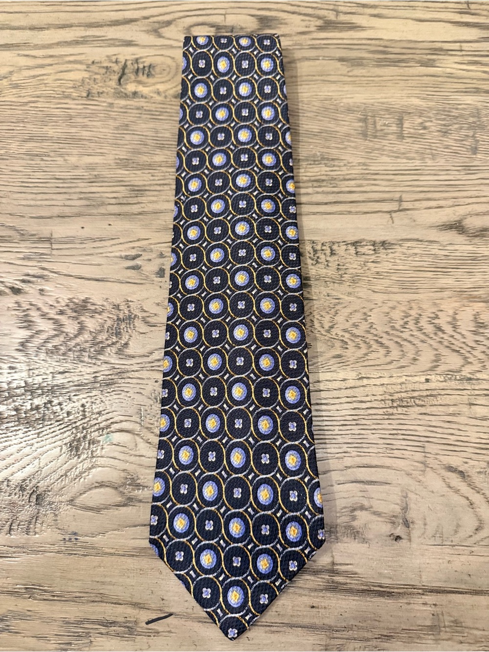 Ermenegildo Zegna Black Silk Tie with Blue and Yellow Geometric Circles